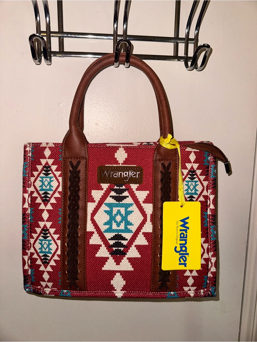 Wrangler Red Aztec Satchel with Brown Trim and Turquoise Accents